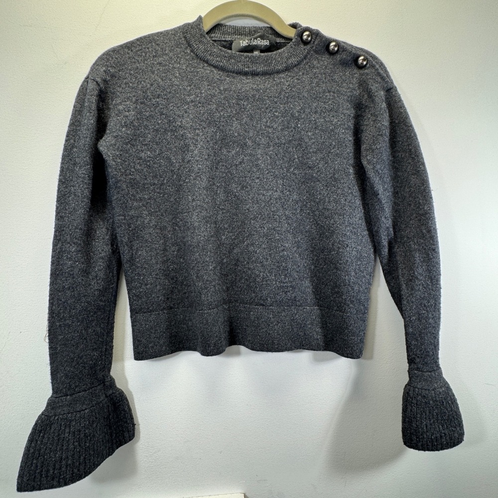 Tabula Rasa Sweater Women XS Gray Bell‎ Sleeve Button Shoulder Minimalist Chic